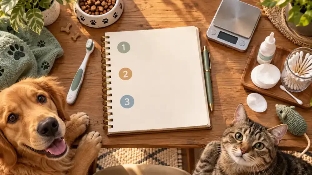 Notebook containing three numbered veterinary questions beside a pet toothbrush and a dog's photograph
