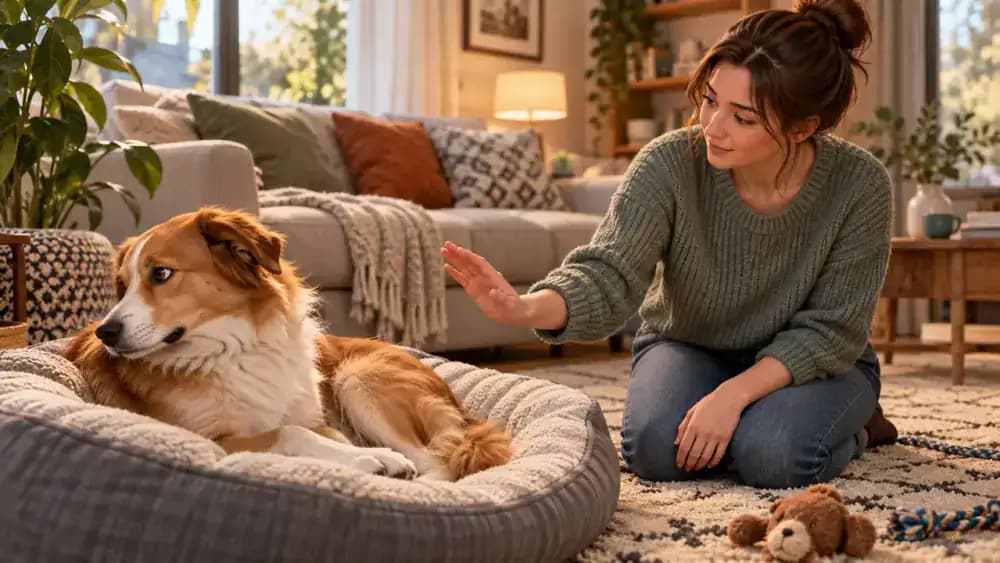Hesitant dog turning away from an approaching hand while its owner calmly withdraws