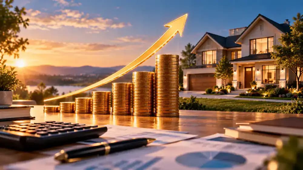 Ascending stacks of coins and an upward interest rate arrow positioned above a suburban house.