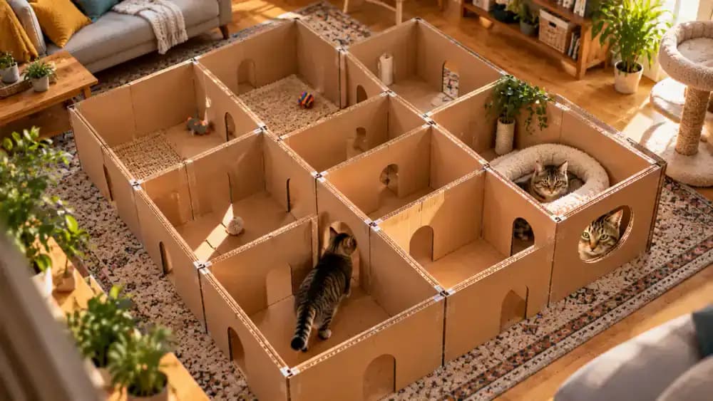 Tabby cat repeatedly exploring a favorite sheltered cardboard chamber, peeking through a window, and following a preferred corridor while its owner records observations in a notebook.
