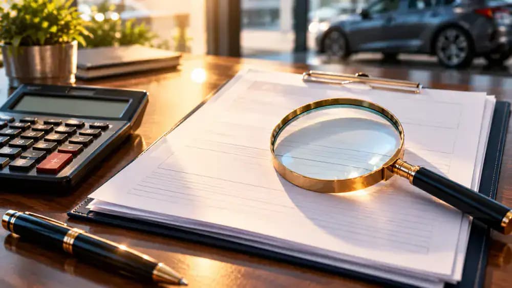 Magnifying glass examining a blank auto financing disclosure beside a calculator.