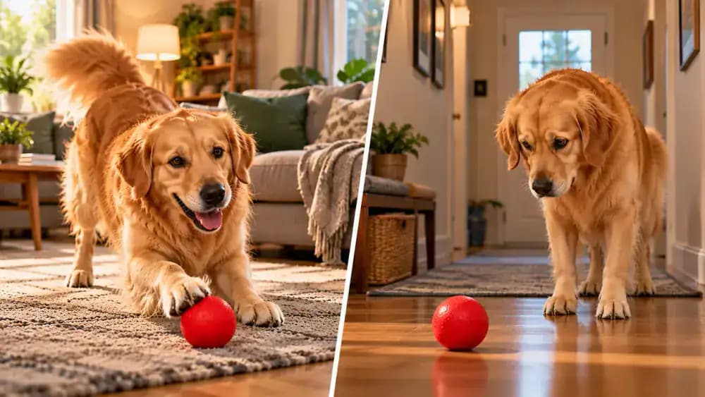 Golden retriever responding confidently to a ball cue beside a familiar sofa but hesitating in a hallway as its owner waits calmly.