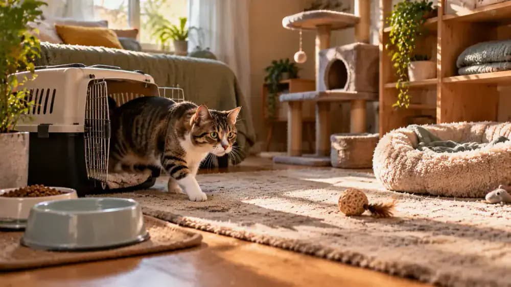 Newly adopted cat cautiously explores a quiet spare room with an open carrier, familiar bedding, and food and water nearby while its adopter sits quietly at a comfortable distance.