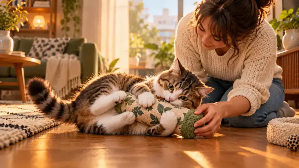 Cat wrestling safely with a padded kicker toy