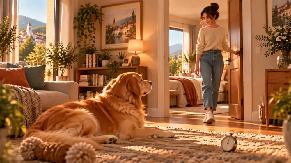 Ground-level view of Bailey resting calmly near a bedroom doorway as Emma reappears from around the corner, with a digital stopwatch on a nearby side table displaying two seconds.