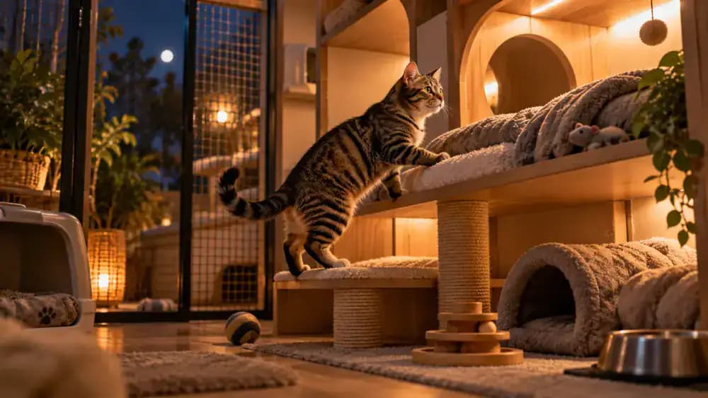 Quiet boarding facility at dusk with dimmed lighting, a tabby cat resting on a sheltered elevated shelf, a dog relaxing on comfortable bedding, and a caregiver checking sleeping areas.