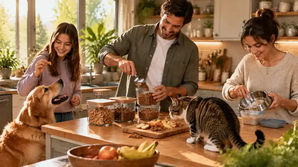 Adult owner measuring a Golden Retriever's daily treats into a labeled container on a kitchen island while a teenager checks the allowance, another adult moves human leftovers away, and a tabby cat watches from a nearby stool.