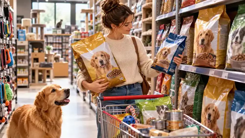 Shopper comparing a large economy bag and a smaller bag of dog food in a brightly lit American pet supply store, with an appropriately sized bag in the shopping cart.