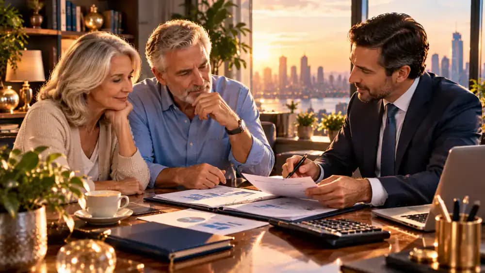 Retired couple reviewing annuity documents with a financial professional in an office.