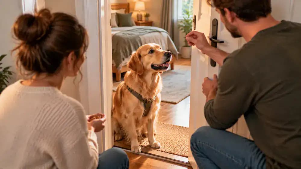 Two household members take turns practicing doorway manners with the same dog, using matching wait and release cues at an interior doorway.