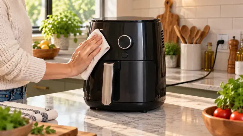 Clean kitchen appliance on a counter as a hand reconnects the dry plug and wipes fresh fingerprints and crumbs from the exterior with a lightly damp microfiber cloth.