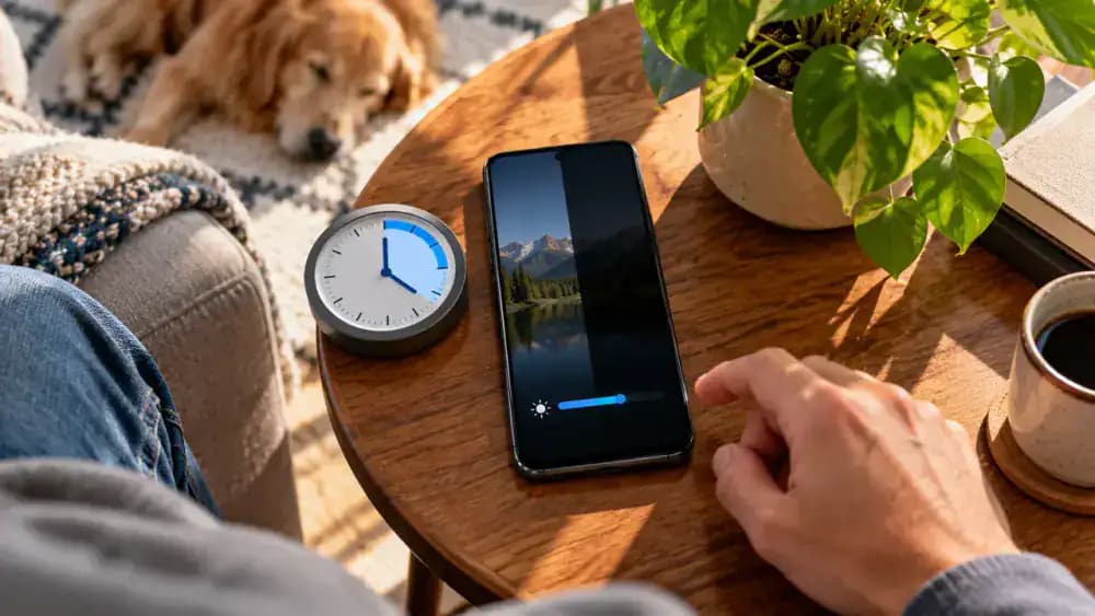 Android smartphone on a living room side table displaying Screen timeout settings with options from 15 seconds to 5 minutes, showing the selection changing from 5 minutes to 30 seconds before the screen turns off.
