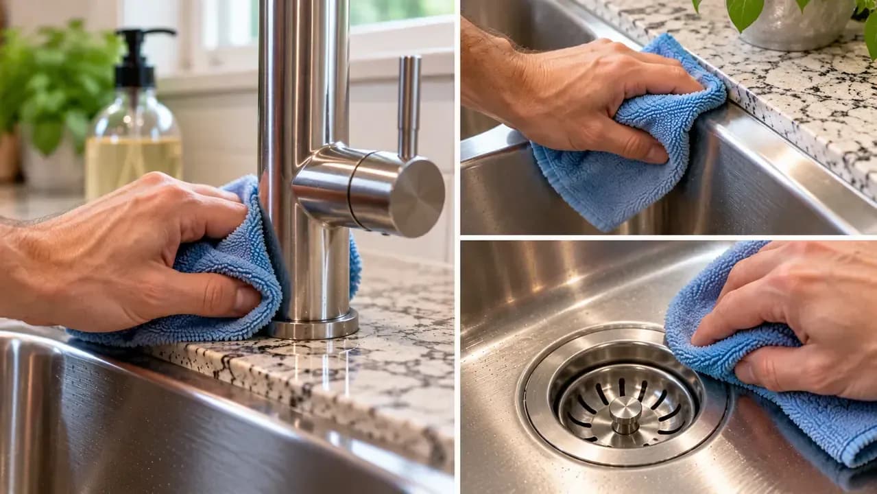 Close-up of a homeowner drying the faucet base, sink rim, and drain flange with a clean microfiber towel in a clean stainless steel sink.