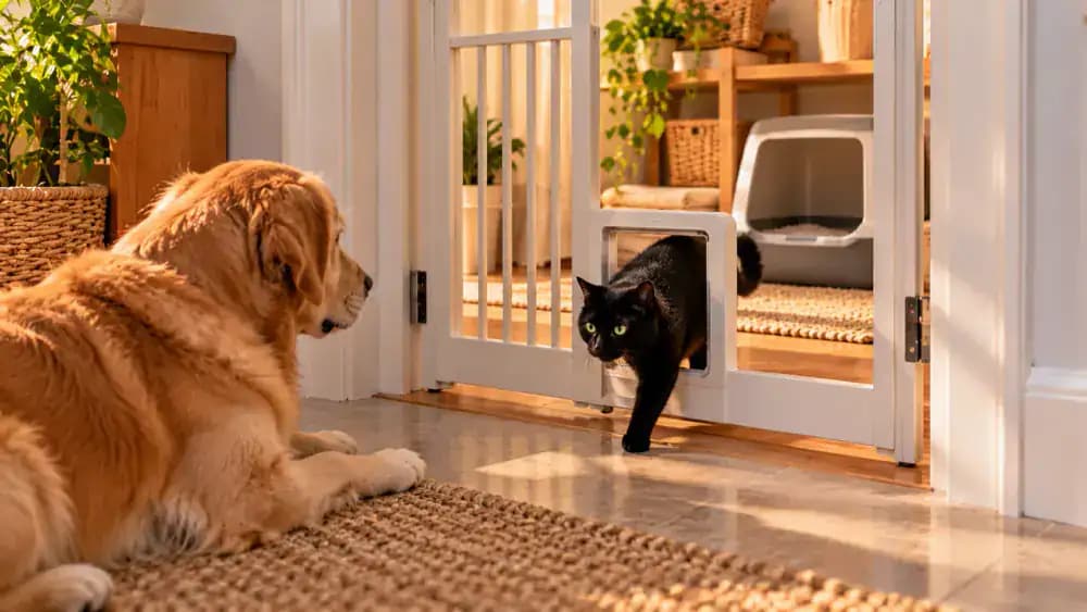Golden retriever sniffing near a litter box while a black cat watches from a chair, followed by the cat passing through a dedicated opening in a pet gate as the dog remains outside.