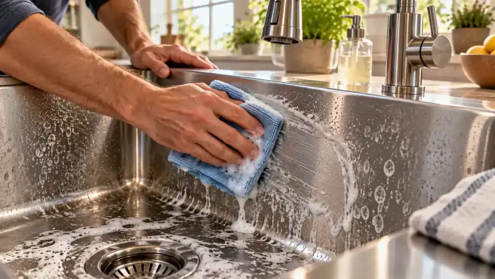Homeowner applying stainless steel-compatible mineral remover with a folded white microfiber cloth to cloudy hard water deposits on the sloping wall of a kitchen sink, using gentle overlapping strokes along the metal grain.