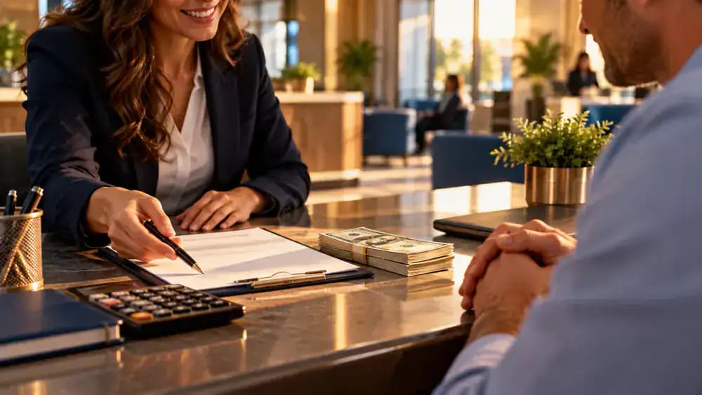 Welcoming credit union counter with supportive hands and a modest stack of cash.
