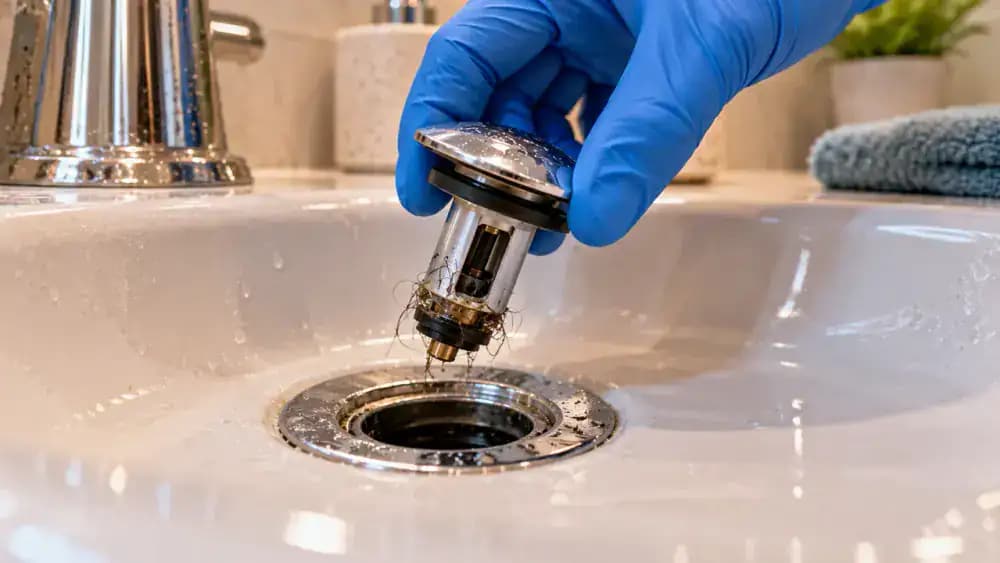 Close-up of a homeowner wearing protective gloves gently lifting a removable brushed nickel bathroom sink stopper straight out of a white porcelain basin, revealing hair and soap residue on its stem before placing it on a folded paper towel.