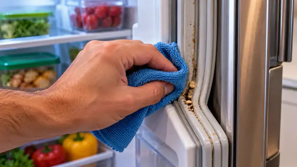 Close-up of a hand using a dry white microfiber cloth folded over one fingertip to gently remove bread crumbs from a vertical gray refrigerator door gasket channel.