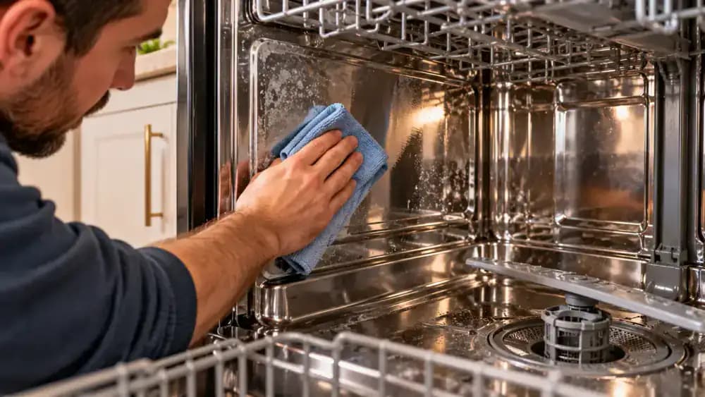 Close-up of a person gently wiping an accessible stainless steel dishwasher sidewall with a damp blue microfiber cloth, using overlapping strokes while stubborn white mineral deposits remain visible near an interior corner.