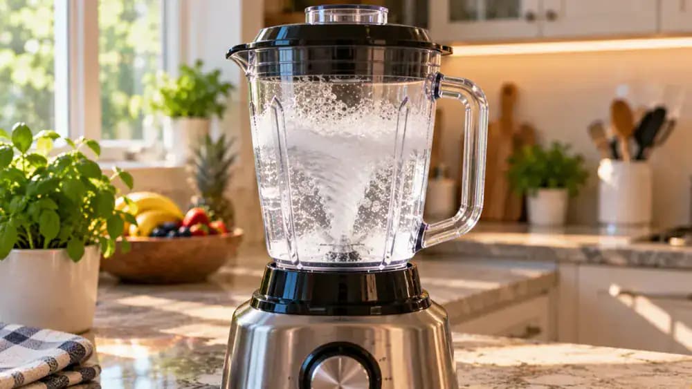Front view of a transparent blender jar securely mounted on a dry motor base, with lightly soapy water circulating in a small whirlpool during a manufacturer-approved self-clean cycle and an adult monitoring the appliance.