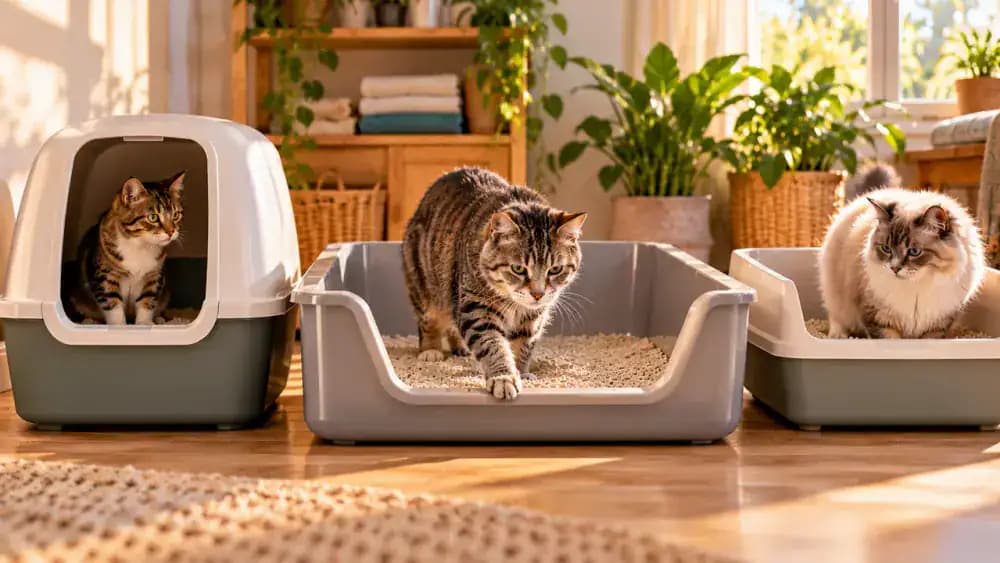 Three cat litter box designs arranged on a studio floor: a compact enclosed box, a spacious open tray with an adult cat turning comfortably, and a low-entry tray accessible to a senior cat.