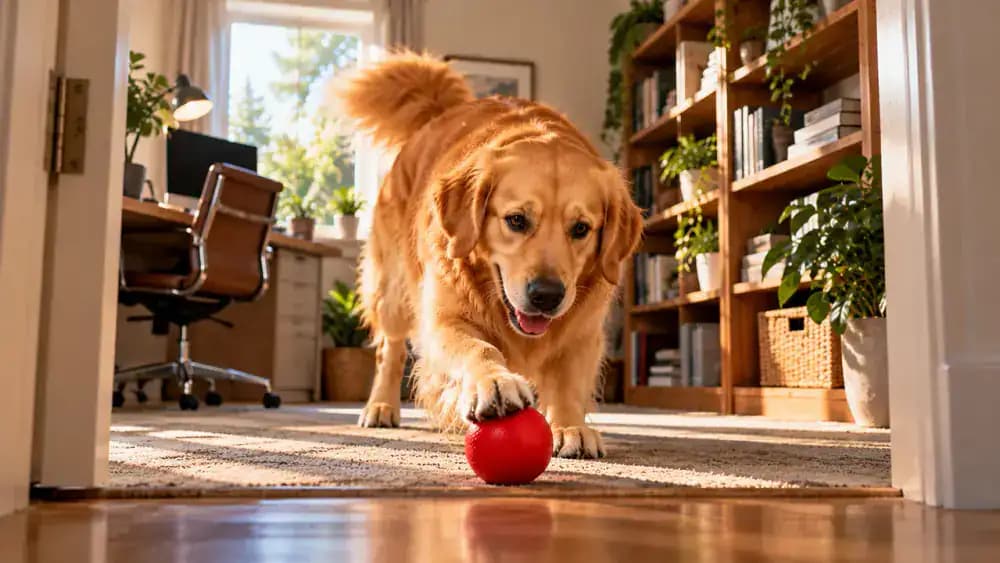 Dog finding a red ball beside a low bookshelf in a bright home office while its owner offers praise.