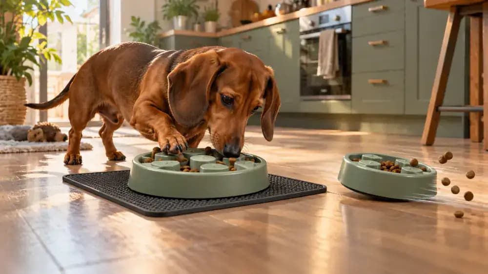 Dachshund using a puzzle feeder secured on a non-slip mat