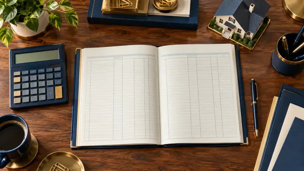 Open accounting ledger with empty columns, calculator, and miniature house photographed from above.