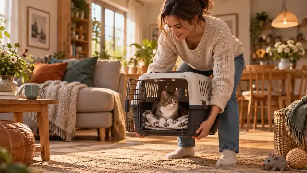 Owner lifting an occupied cat carrier a few inches above the floor with both hands