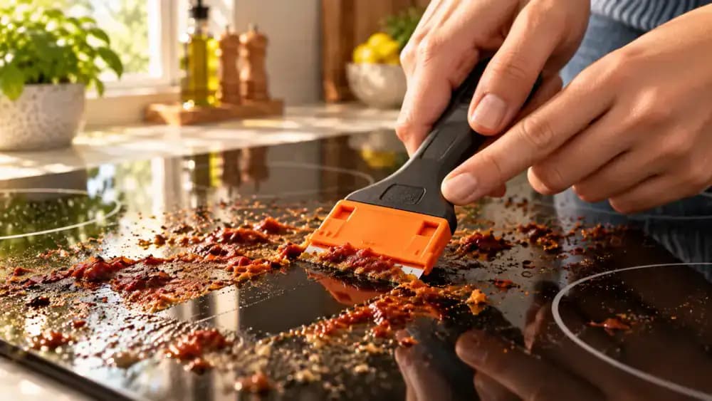 Close-up of hands using a manufacturer-approved cooktop scraper at the recommended blade angle to gently lift softened, cooked-on tomato sauce from a cooled black glass-ceramic electric cooktop, with fingers safely behind the blade housing.