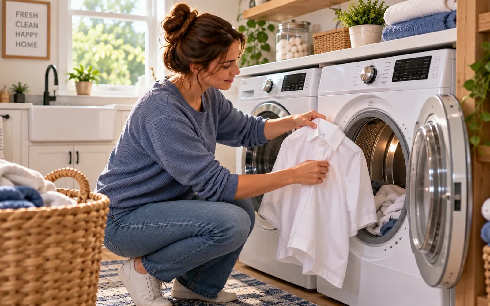 Person in a laundry room checking the care label on a clean white shirt beside an open dryer, with the previously stained area visibly free of pink or red marks.