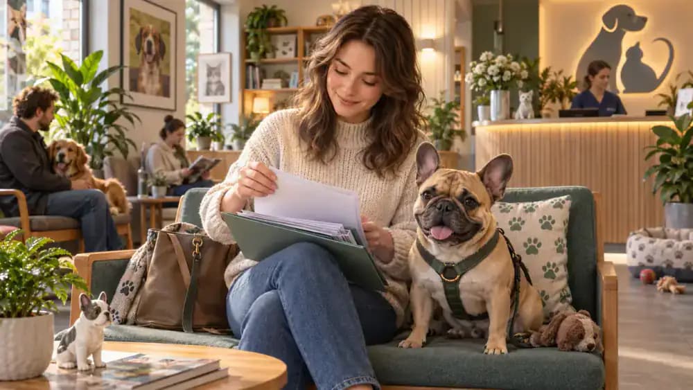 French bulldog owner organizing recent veterinary discharge notes and appointment summaries