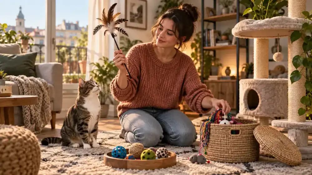 Owner inspecting a feather wand and storing string toys while durable cat toys remain available