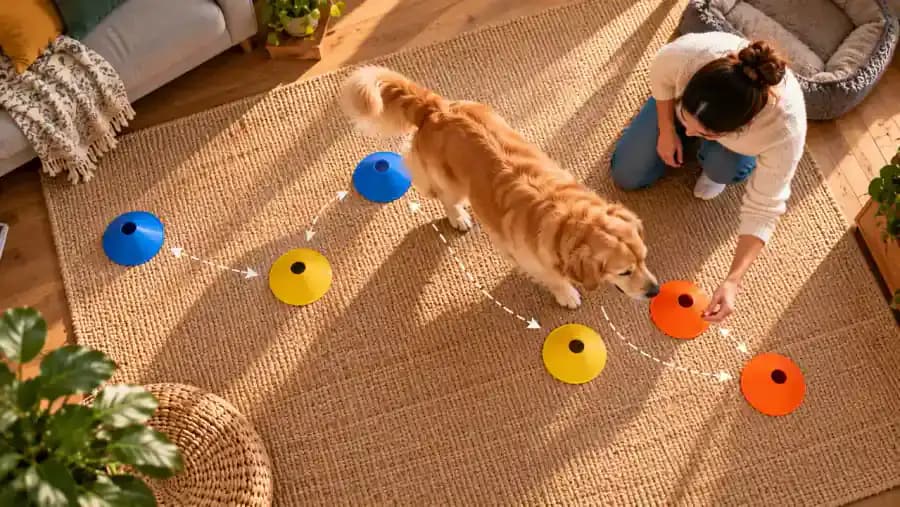 Overhead view of a dog weaving around widely spaced markers on a non-slip rug as its owner moves one marker inward, then restores the wider arrangement when the dog hesitates.