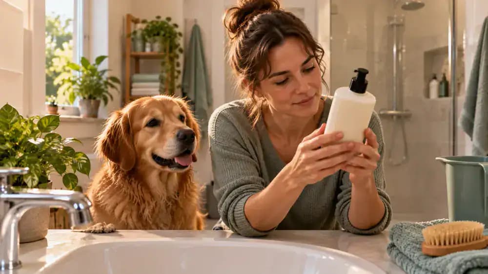 Close view of an owner reading the ingredients on a bottle labeled dog shampoo beside a bathroom sink while a dog waits on the floor.