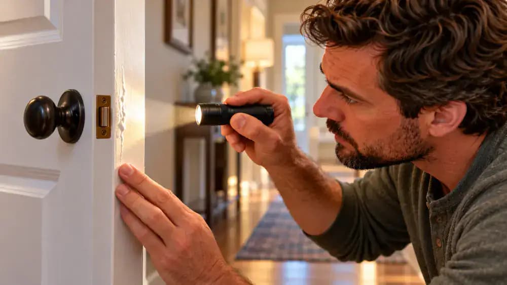 Homeowner holding a 24-inch spirit level vertically against the latch-side jamb of an open white interior door, checking the bubble vial for alignment while a small hairline crack is visible where the upper door casing meets the drywall in an American home hallway.