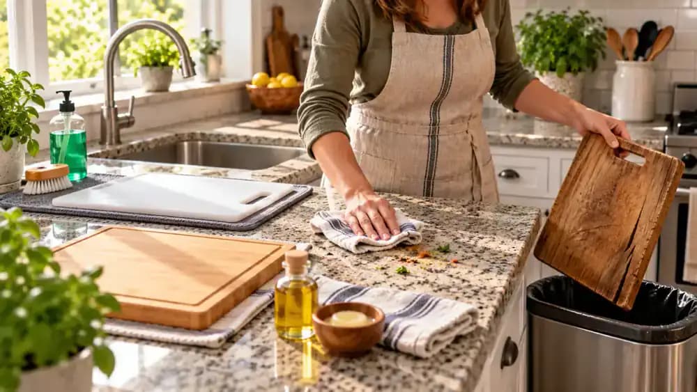 Kitchen counter with separate wood and plastic cutting boards, a hand wiping fresh food residue, cleaning supplies nearby, and a cracked cutting board being discarded and replaced.
