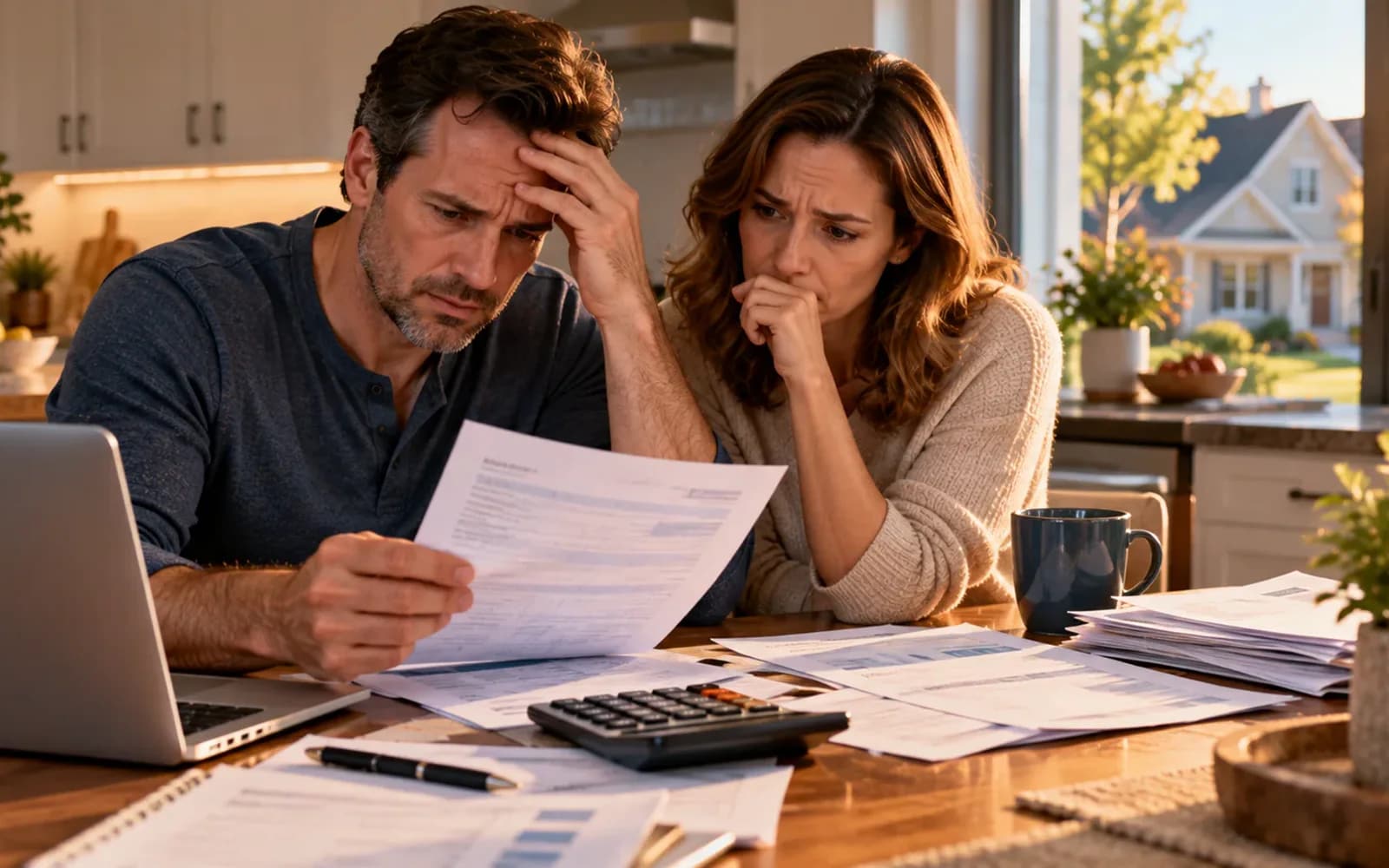 Concerned homeowner reviewing mortgage bills at home