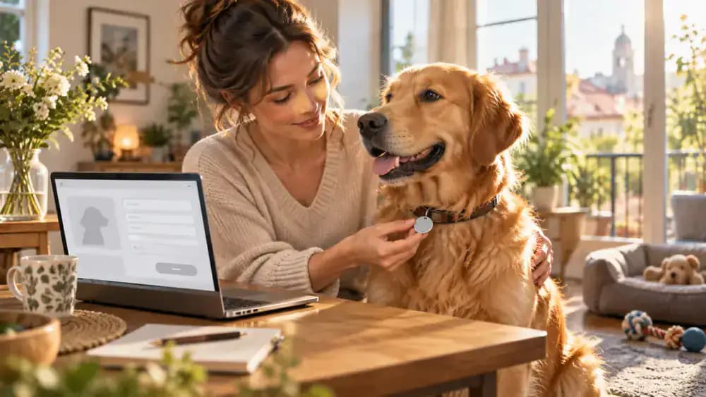 Owner checking a golden retriever's collar tag beside a laptop displaying microchip contact information