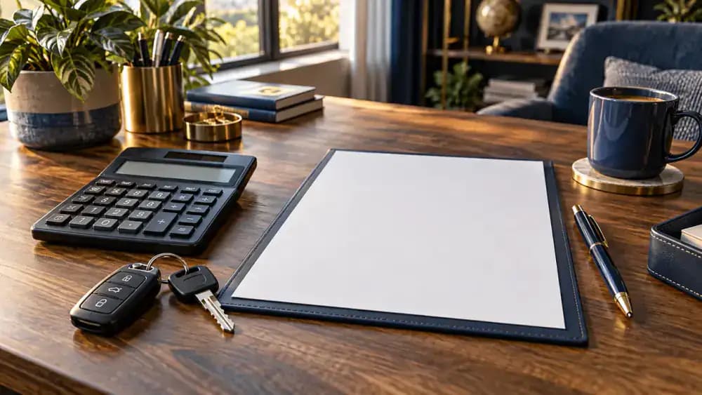 Calculator and automobile keys resting beside an unmarked insurance settlement form.