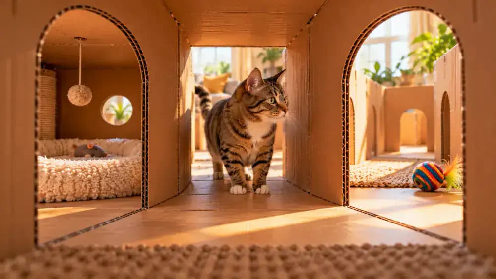 Ground-level view of a cardboard cat maze junction with two routes, one leading to a sheltered resting chamber and another to a bright open exit, as a tabby chooses the quieter passage.