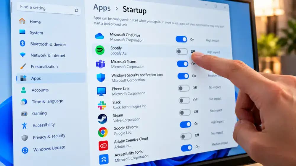 Close-up of Windows 11 Settings > Apps > Startup showing an optional music player startup switch changed from On to Off while security and accessibility applications remain enabled.