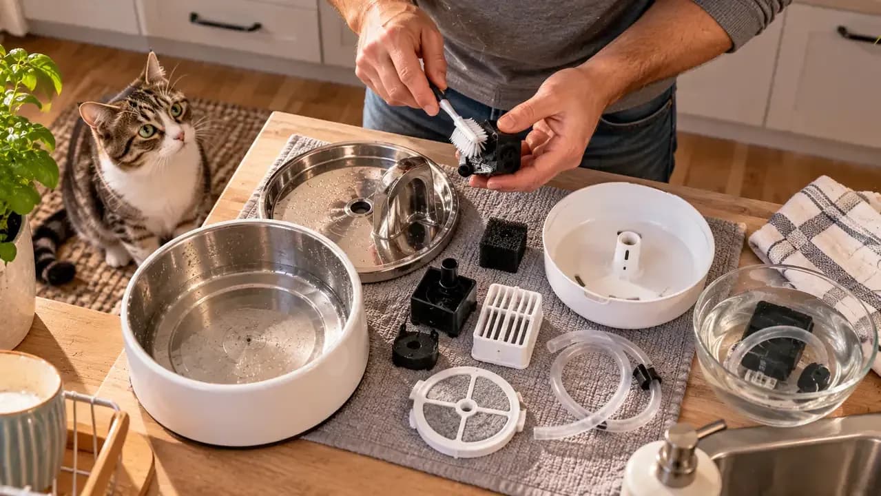 Disassembled cat fountain parts being cleaned beside a replacement filter