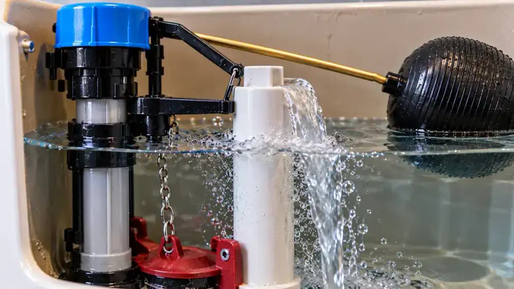 Close-up cutaway view of an open American toilet tank showing the manufacturer's water-level mark, vertical overflow tube, adjustable float, and fill valve, with excess water flowing into the overflow tube.