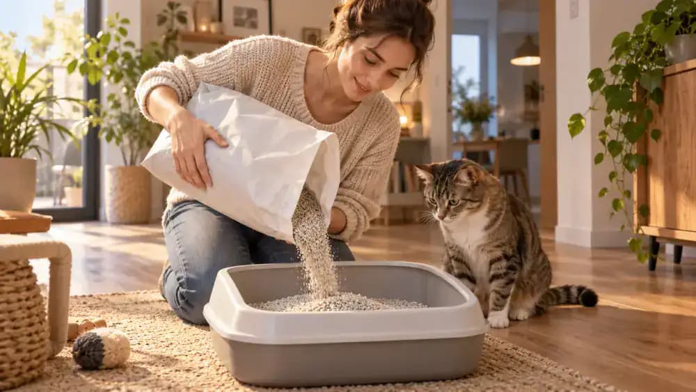 Owner adding familiar unscented litter to a clean litter box