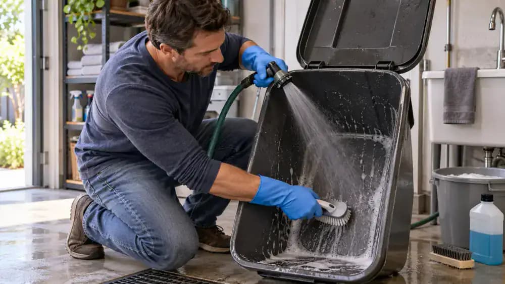 Gloved person rinsing the inside of an empty kitchen trash can with controlled water flow while scrubbing the interior walls and bottom with a soft brush.