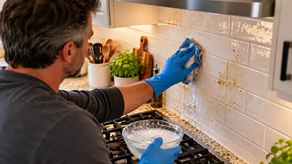 Over-the-shoulder view of a person wearing blue nitrile gloves gently wiping greasy cream ceramic subway tiles with a damp yellow microfiber cloth beside a cool stovetop, while dark grease remains embedded in the grout lines.