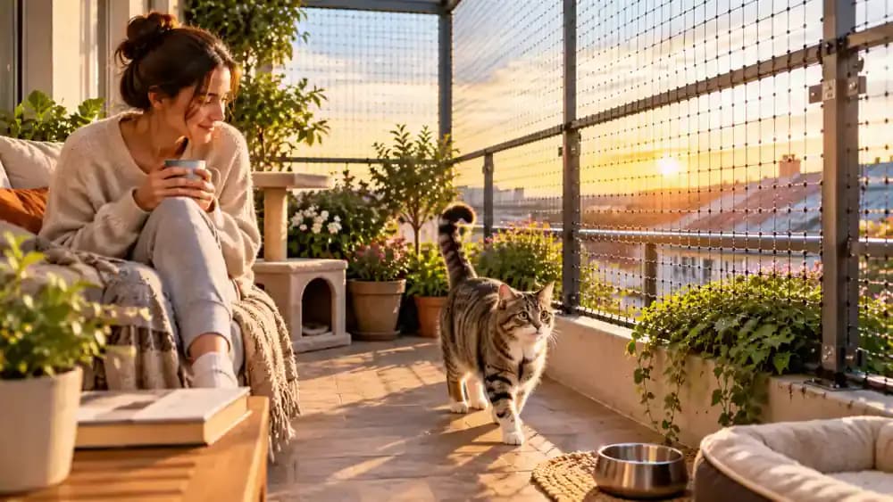 Calm tabby cat exploring a professionally enclosed apartment balcony during a brief morning visit while its owner stays beside the doorway, followed by the cat voluntarily returning indoors.