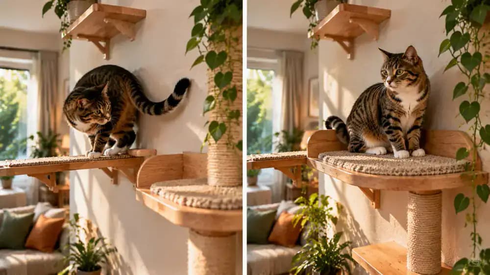 Side-by-side comparison of a cat struggling to turn on a narrow platform and comfortably sitting and stepping down from a wider corner shelf away from a doorway.