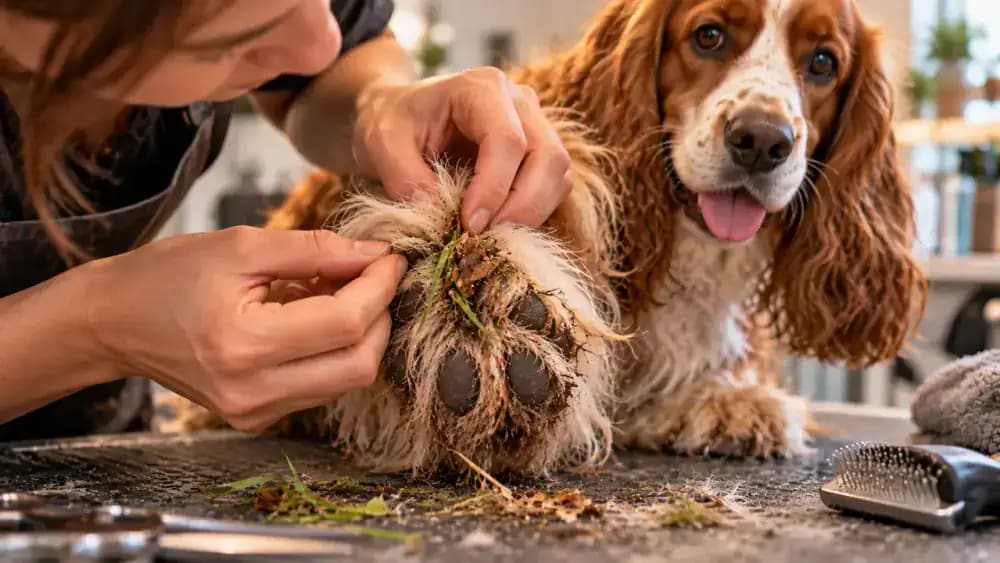 Professional groomer gently inspecting the long paw fur of a calm spaniel on a padded grooming table, revealing a dried leaf and grass near the pads.